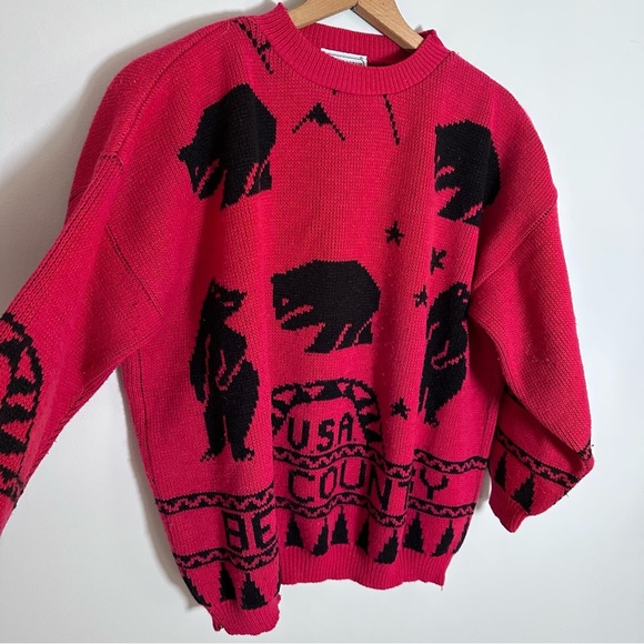 Vintage 80s Jane Adams Red Bear Country Acrylic Sweater Made in USA One Size - Picture 2 of 8